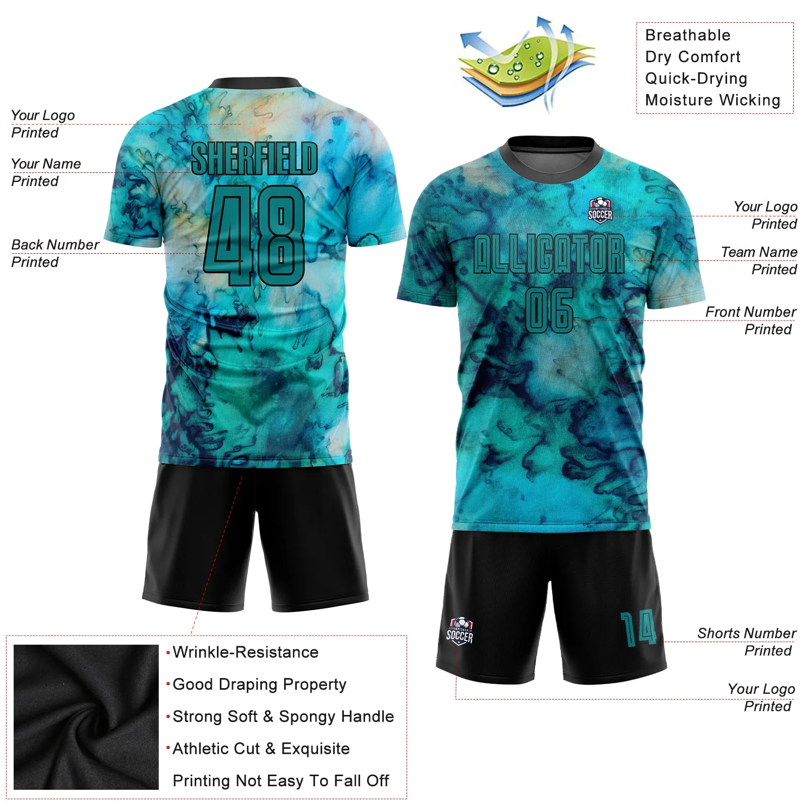 Custom Tie Dye Teal-Black Sublimation Soccer Uniform Jersey FansIdea
