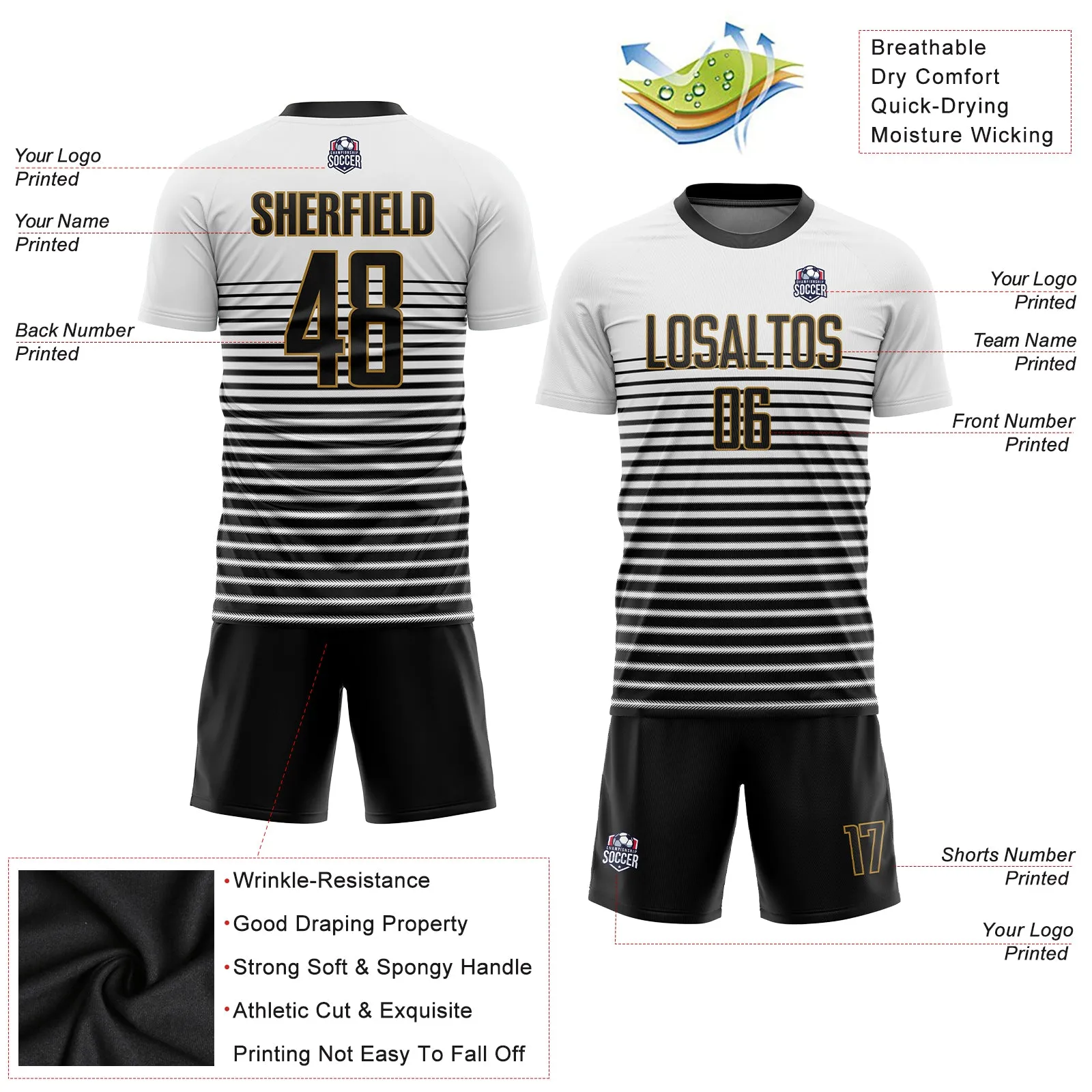 Custom White Black-Old Gold Sublimation Soccer Uniform Jersey FansIdea