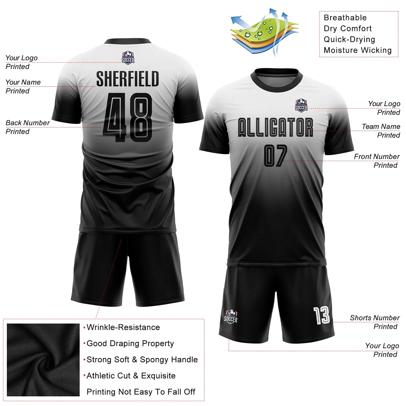 Custom White Black Sublimation Fade Fashion Soccer Uniform Jersey FansIdea