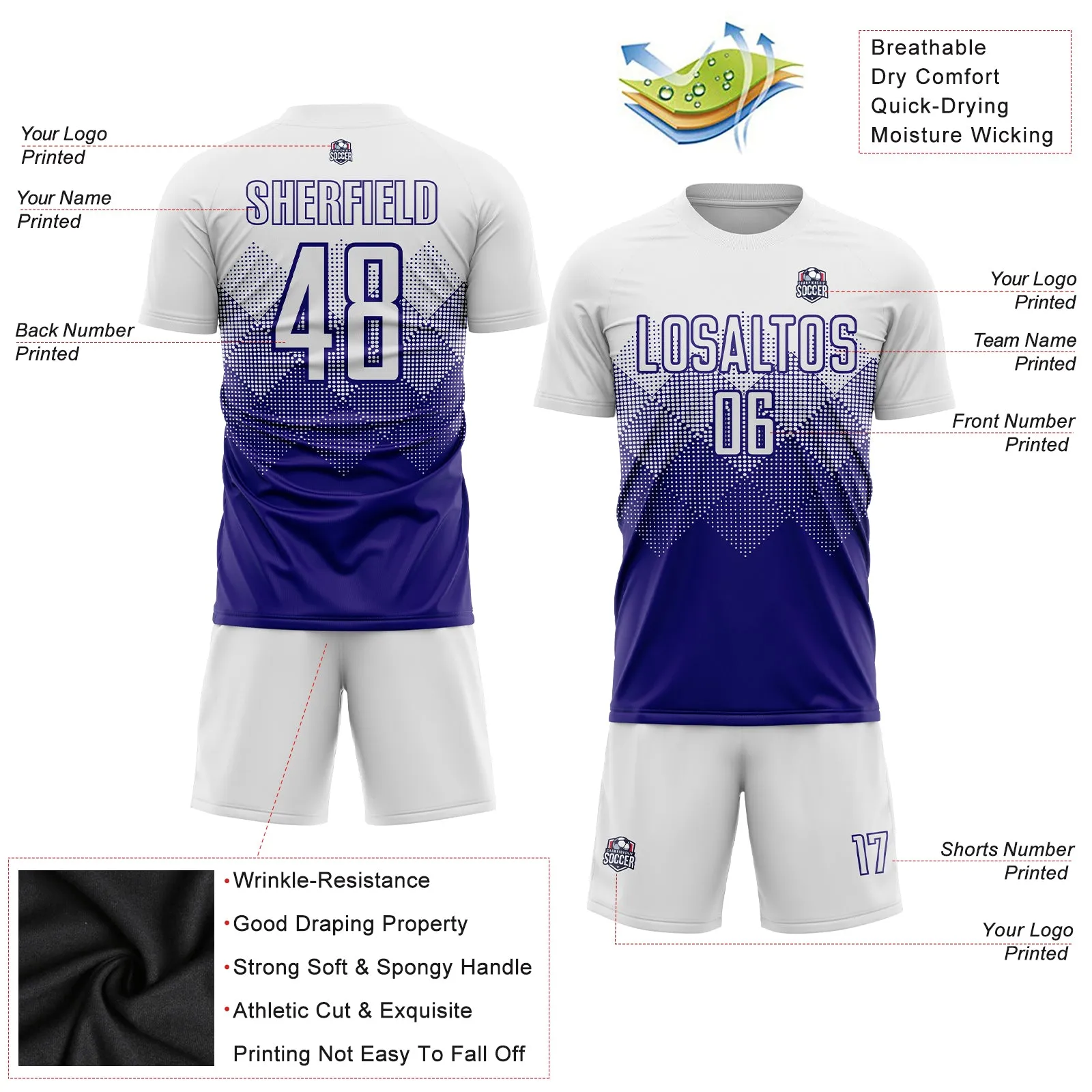 Custom White Dark Purple Sublimation Soccer Uniform Jersey FansIdea