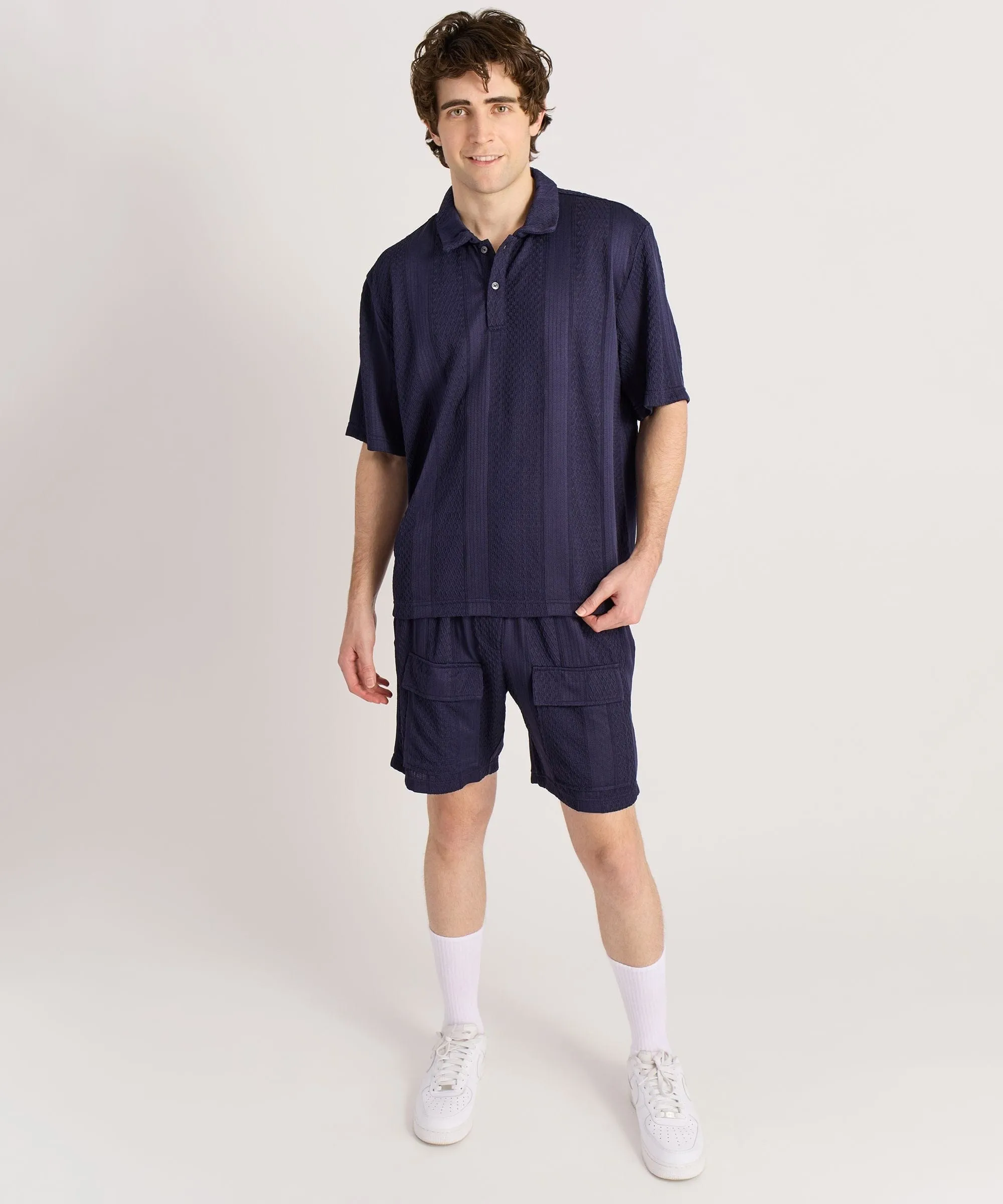 Customer Favorite Jacquard Knit Textured Polo Shirt - Navy  Limited Availability!