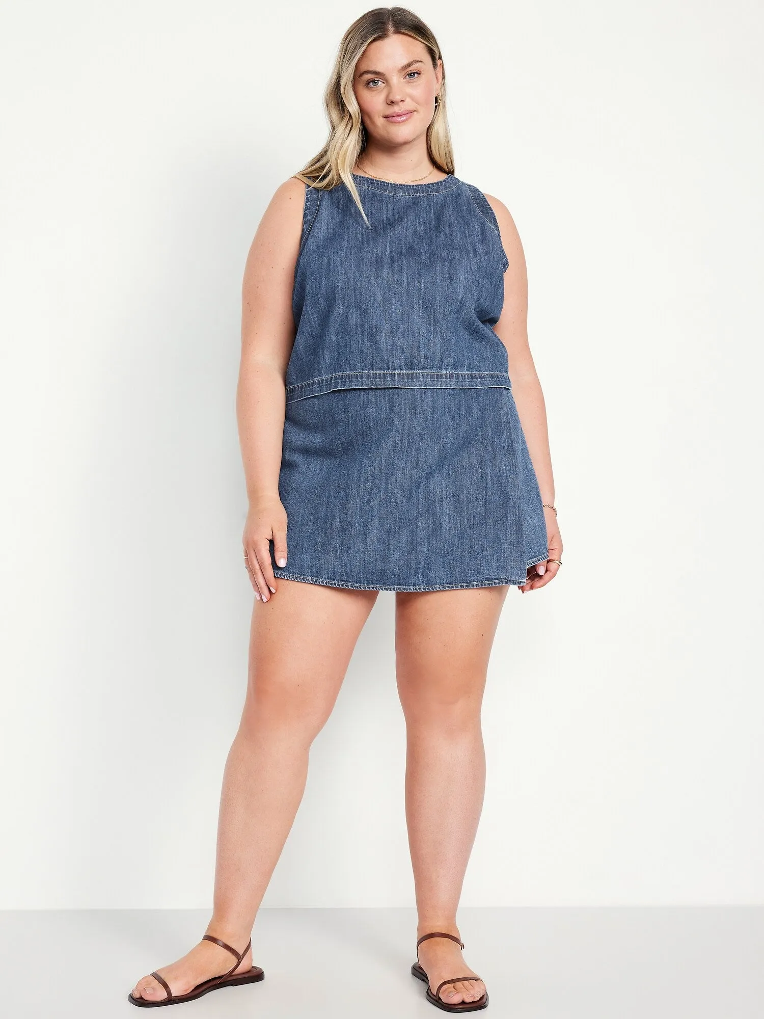 High-Waisted Faux-Wrap Jean Mini Skort