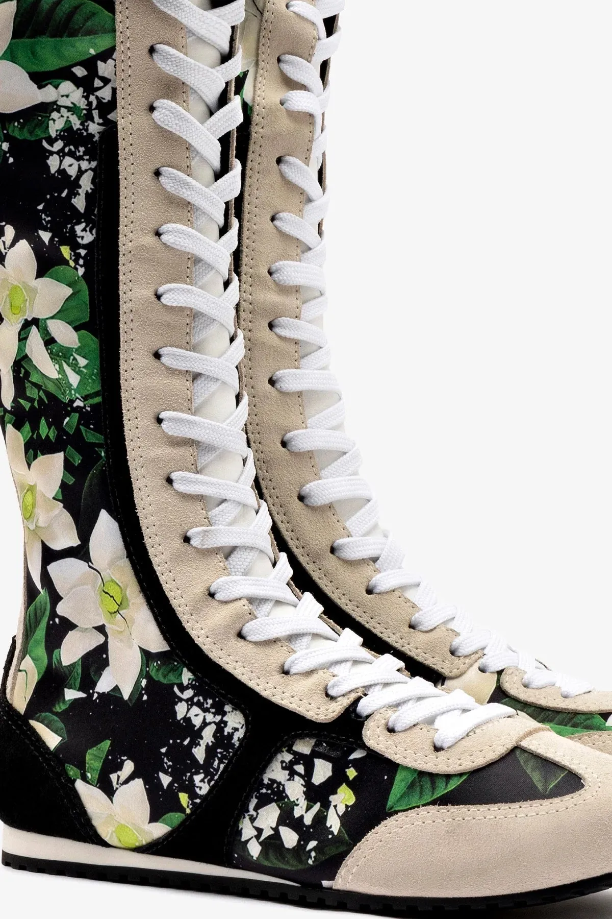 Larroud x Jonathan Cohen Flat Hi Sneaker Boot In Black Gardenias Satin And Black Suede