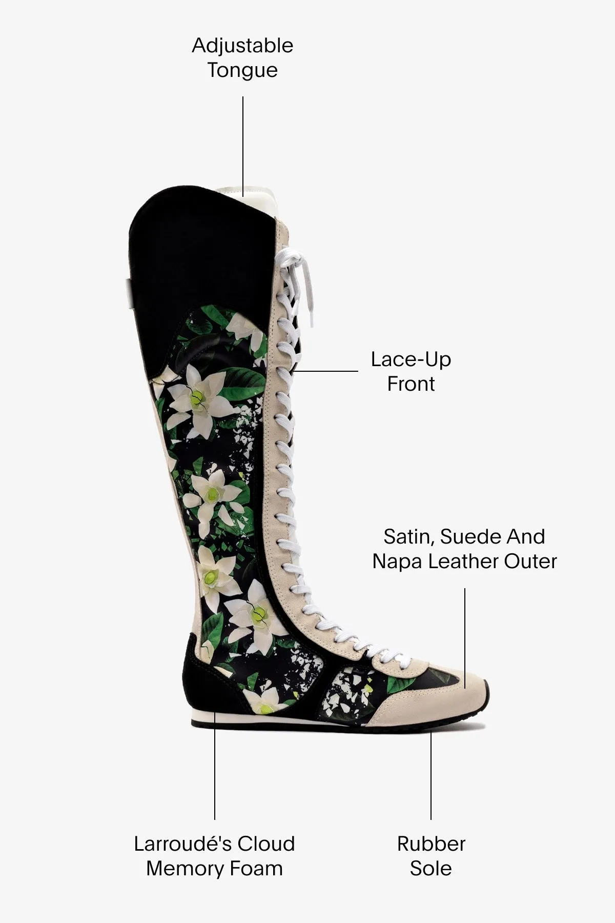 Larroud x Jonathan Cohen Flat Hi Sneaker Boot In Black Gardenias Satin And Black Suede