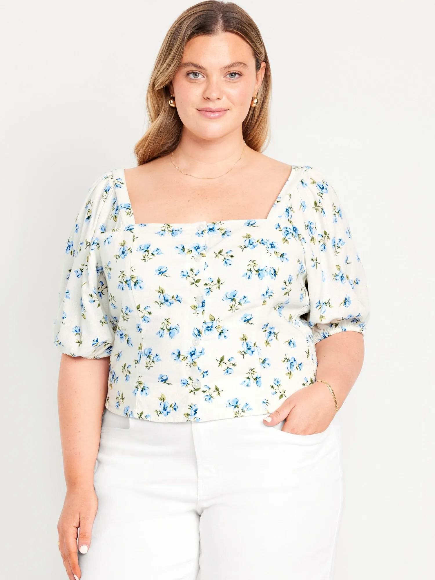 Puff-Sleeve Linen-Blend Floral Top