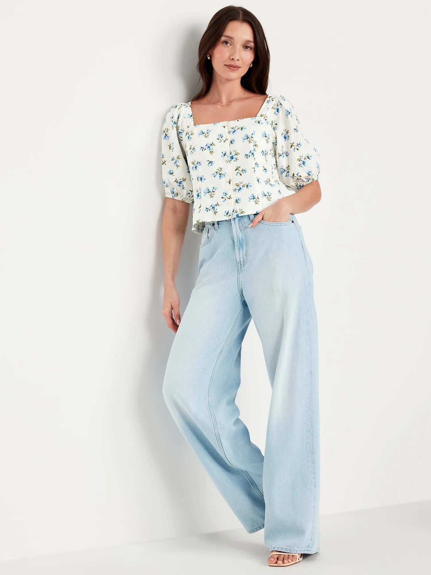 Puff-Sleeve Linen-Blend Floral Top