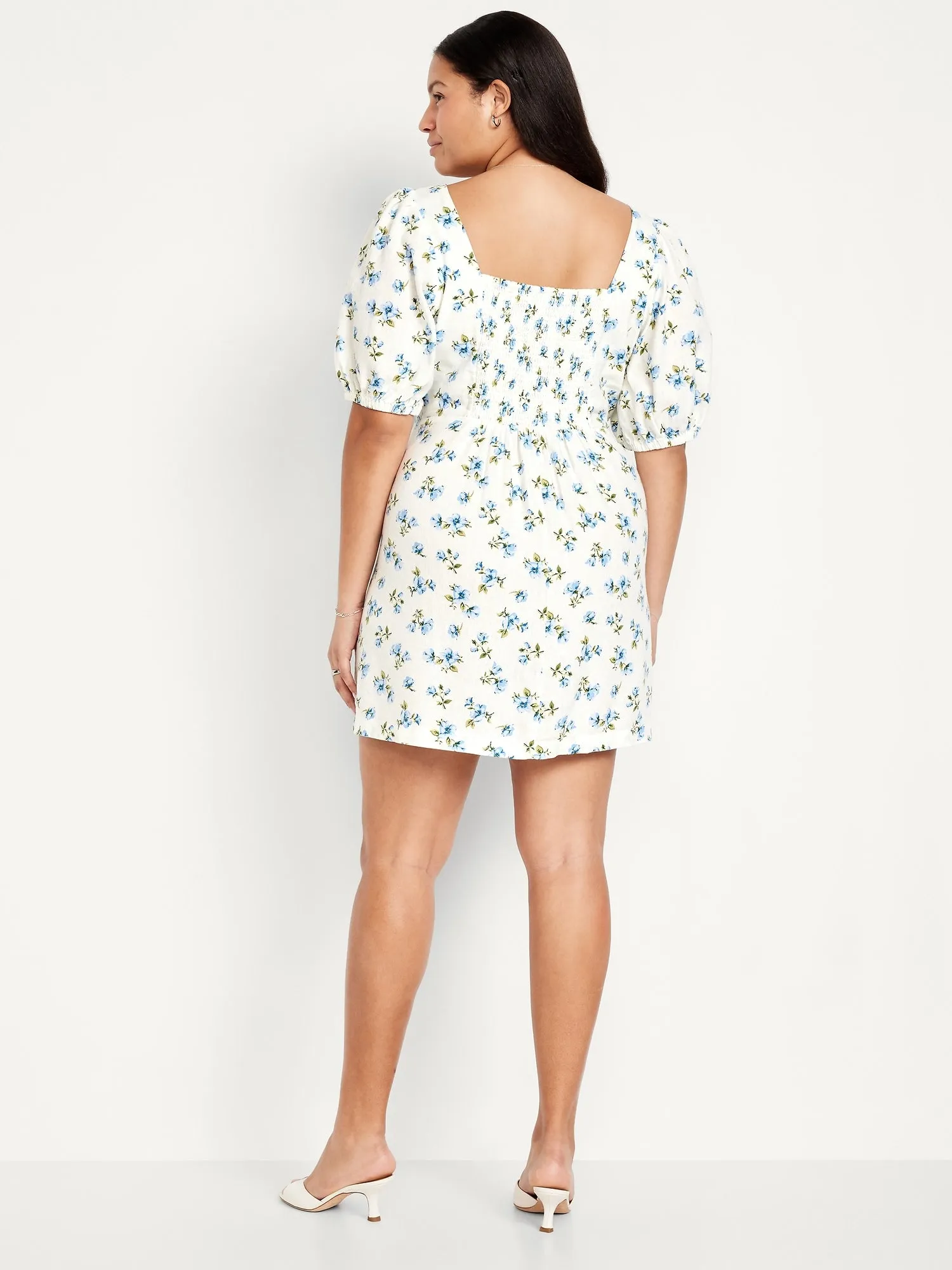 Puff-Sleeve Linen-Blend Mini Dress