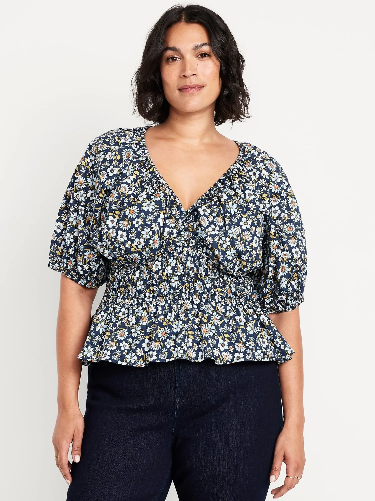 Smocked V-Neck Peplum Top