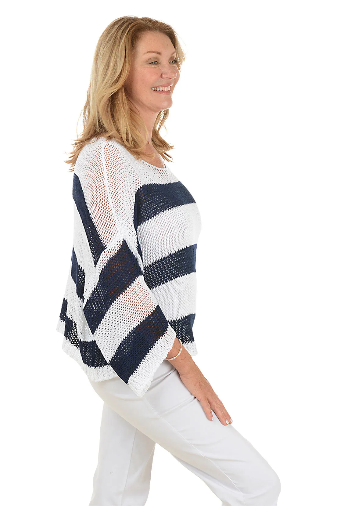 Striped Dolman Sleeve Open Weave Sweater
