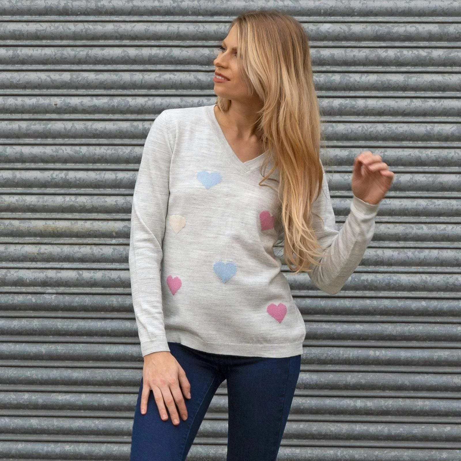 Wood Hill Grey Heart Print V-Neck Lightweight Jumper