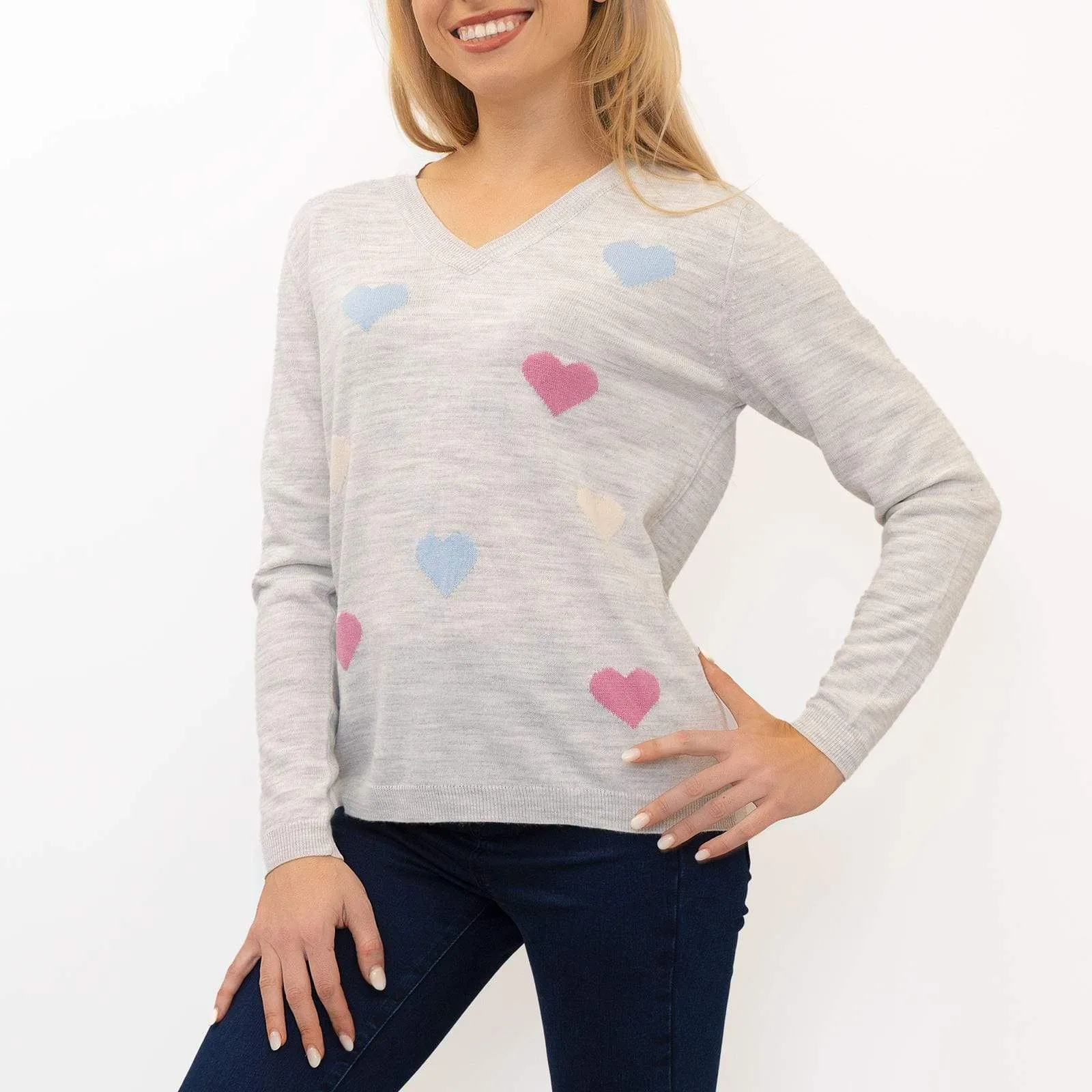 Wood Hill Grey Heart Print V-Neck Lightweight Jumper
