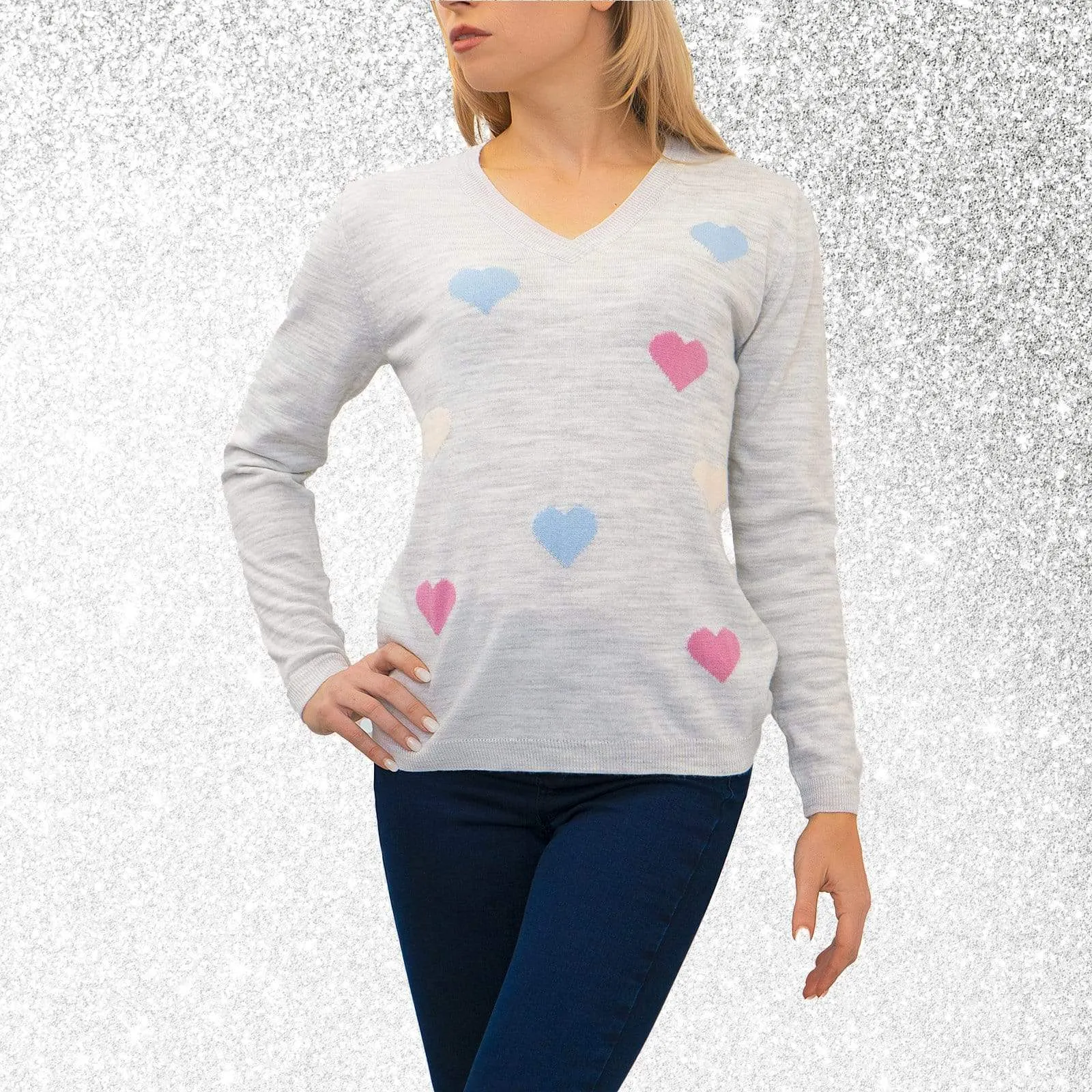 Wood Hill Grey Heart Print V-Neck Lightweight Jumper