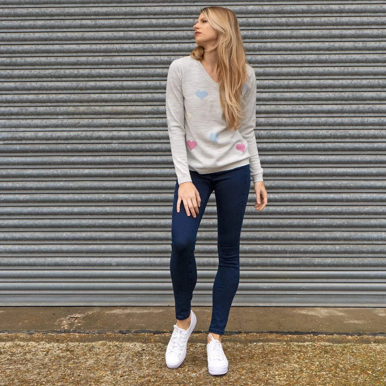 Wood Hill Grey Heart Print V-Neck Lightweight Jumper