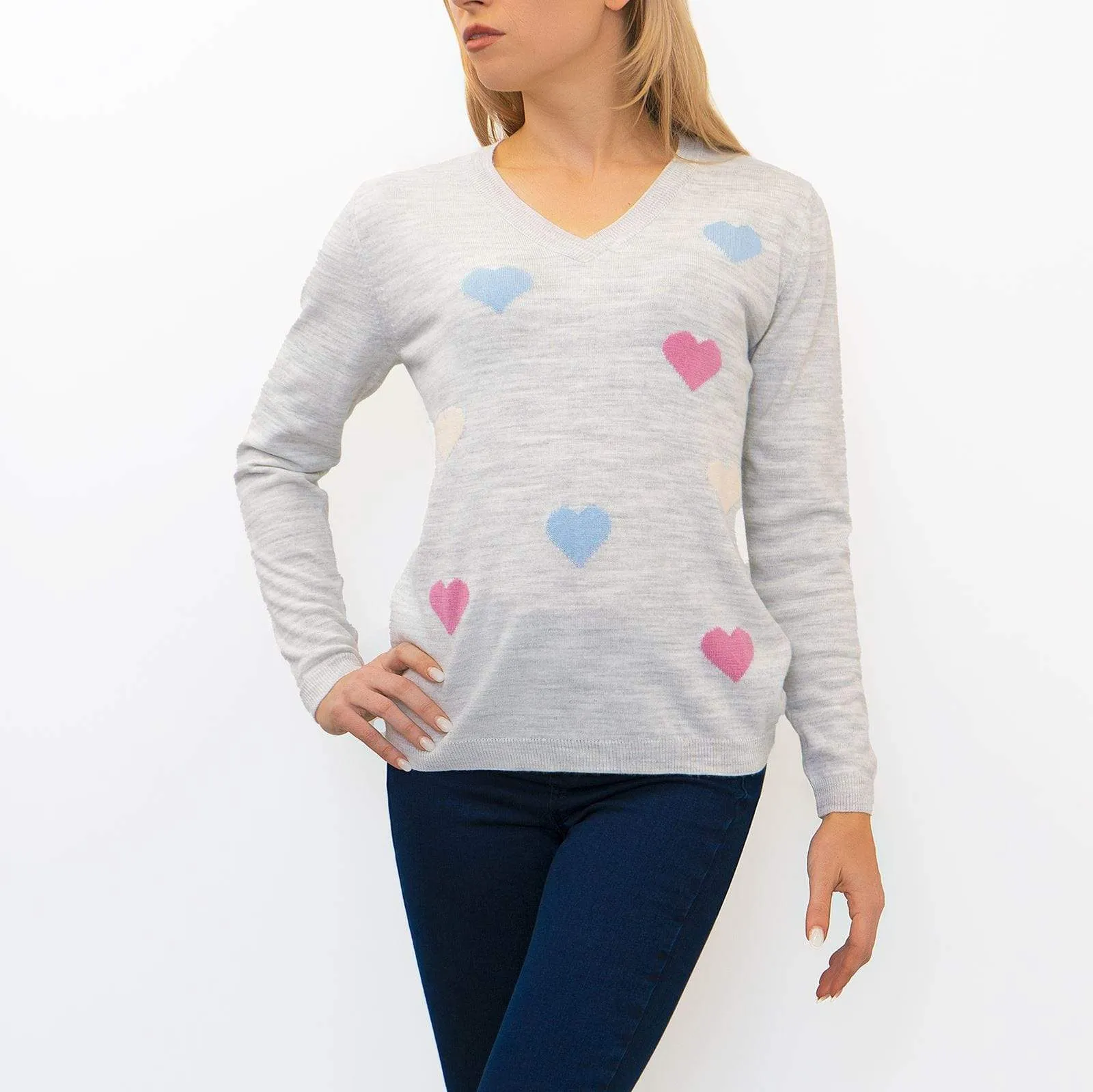 Wood Hill Grey Heart Print V-Neck Lightweight Jumper